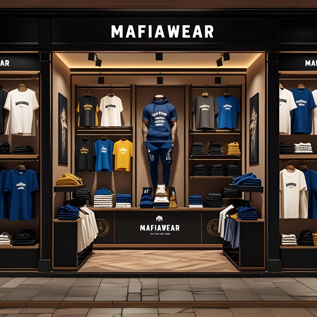Showroom interior with clothing racks displaying Mafia Wear's signature black and red design aesthetic